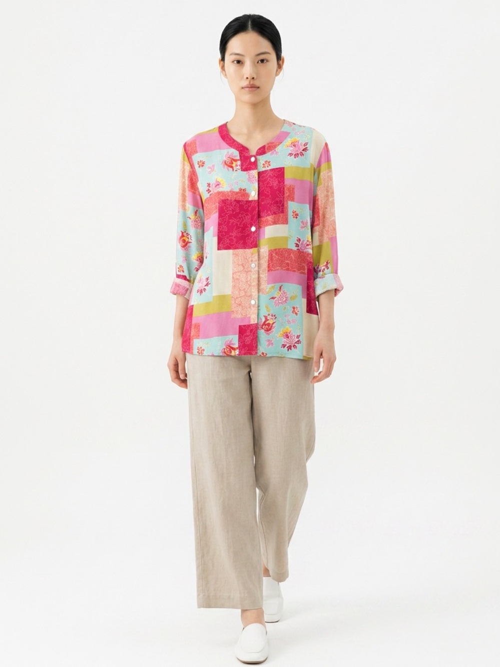 David Dart Collection Women's XL Patchwork Floral Button-Up Long Sleeve Blouse